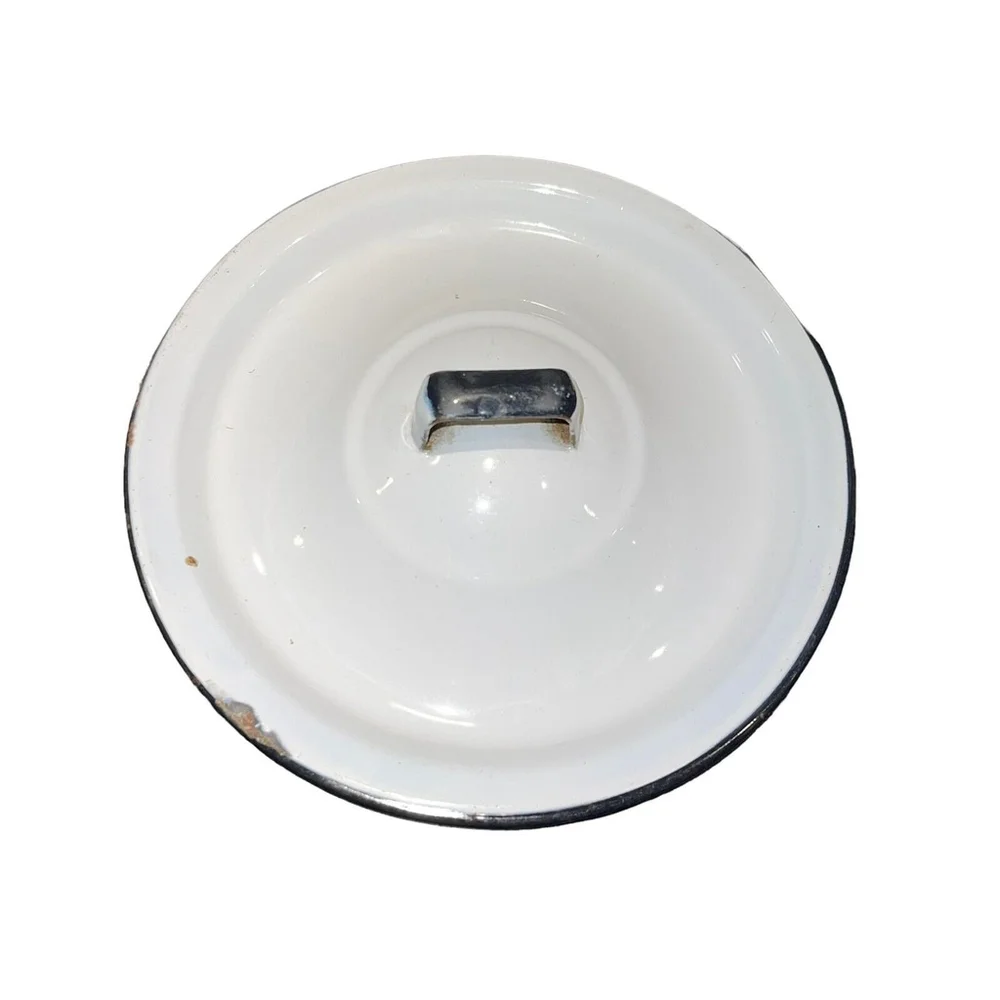 Vintage Enamelware White & Blue Small Sauce Pot With Lid For Decoration Only GUC